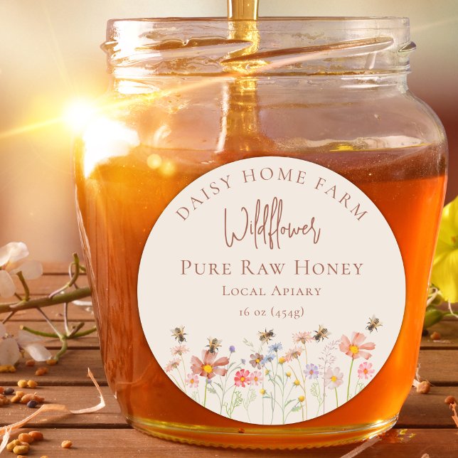 Adesivo Pote de Mel de Flores Silvestres Personalizado Api (Personalized boho chic Wildflower meadow local apiary pure raw honey jar product labels)