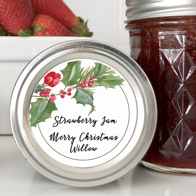 Adesivo Pote Vazio de Azevinho e Frutas em Conserva Caseir (Holly Berry Blank Jar Canning Homemade Classic Round Sticker)