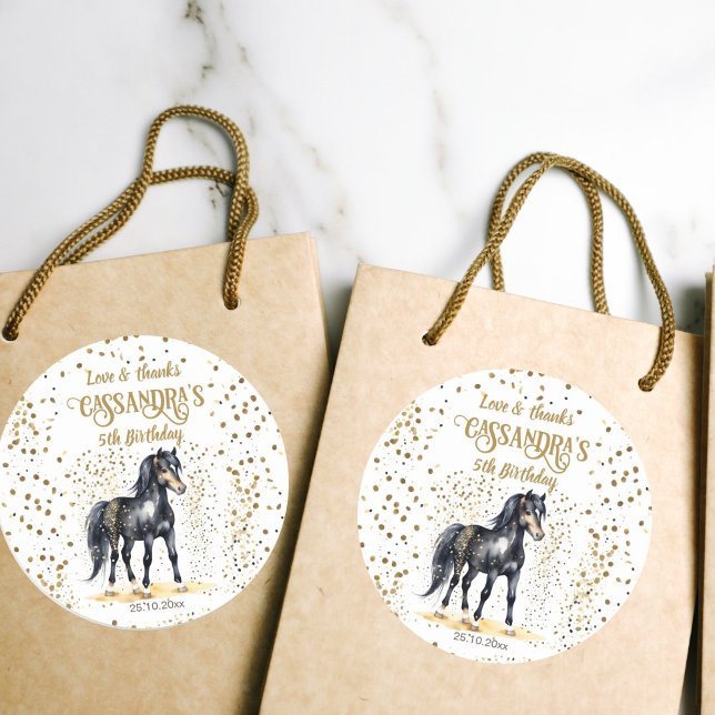 Adesivo Pôy festa de aniversário preto e ouro borrifados (Pony birthday party thank you favor gift stickers watercolor black horse gold sprinkles)