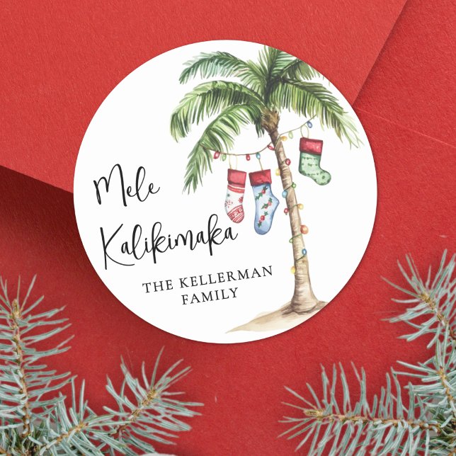 Adesivo Praia Mele Kalikimaka Natal (Mele Kalikimaka Tropical Beach Christmas Classic Round Sticker)