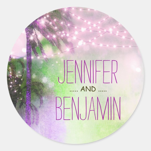 Adesivo Praia Sunset Palm String Luzes Púrpura Casamento (Frente)