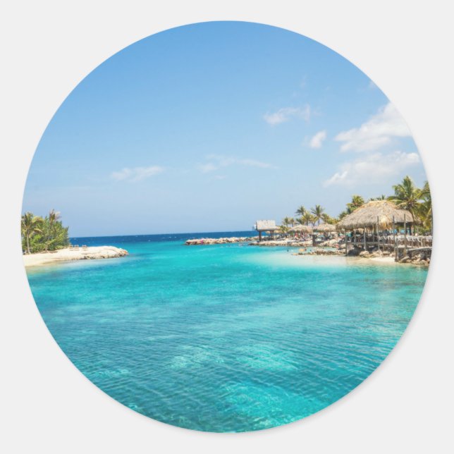 Adesivo Praia tropical Cênica com Foto Thatch Huts (Frente)