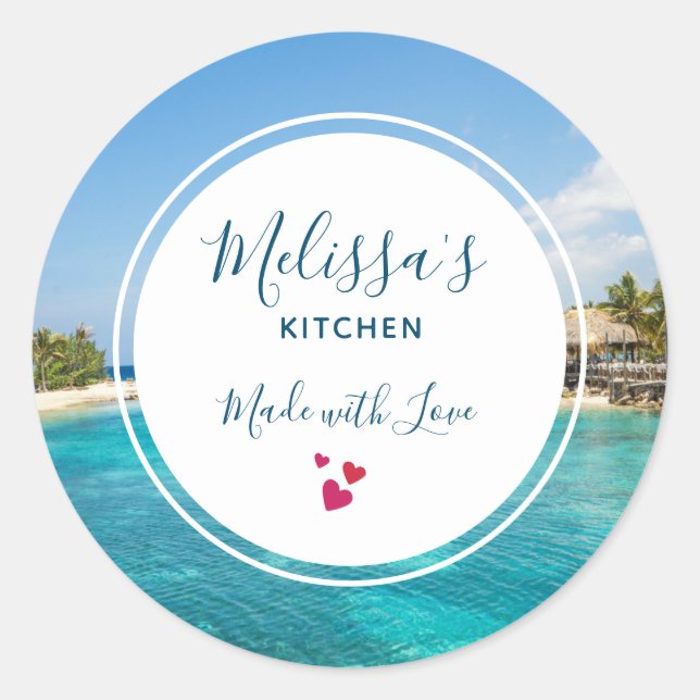 Adesivo Praia tropical cêntrica com cozinha de Huts Thatch (Frente)