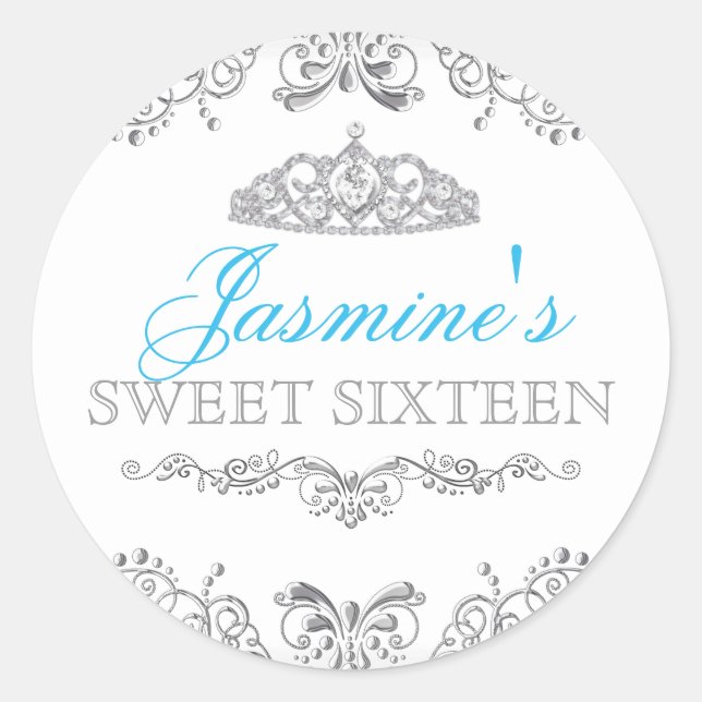 Adesivo Prata Branco Damask & Tiara Sweet 16 (Frente)