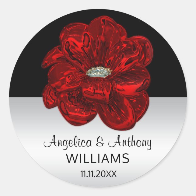 Adesivo Prata elegante, preto, selos do casamento da rosa (Frente)