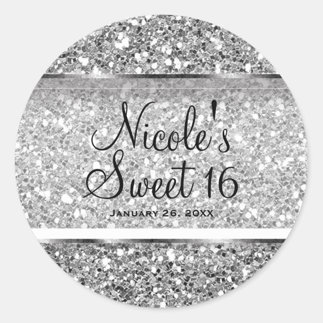 Adesivo Prata Glitter Glam Sweet 16 Partido Favorito (Frente)