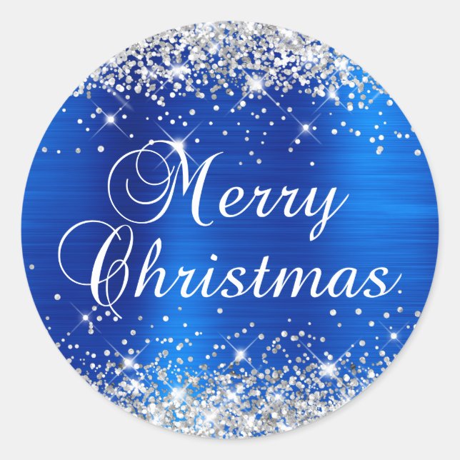 Adesivo Prateado Brilhante e Feliz Natal Azul Real (Frente)