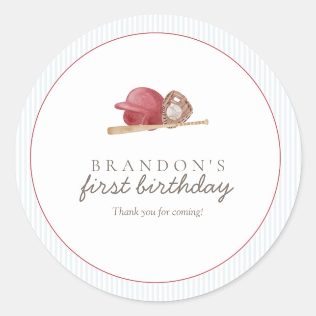 Adesivo Preppy Baseball First Birthday Classic Party (Frente)