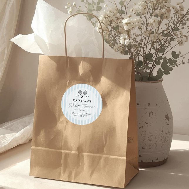 Adesivo Preppy Blue Tennis Theme Chic Baby Shower (elegant blue and white striped baby shower stickers with tennis motif for preppy theme events favors)