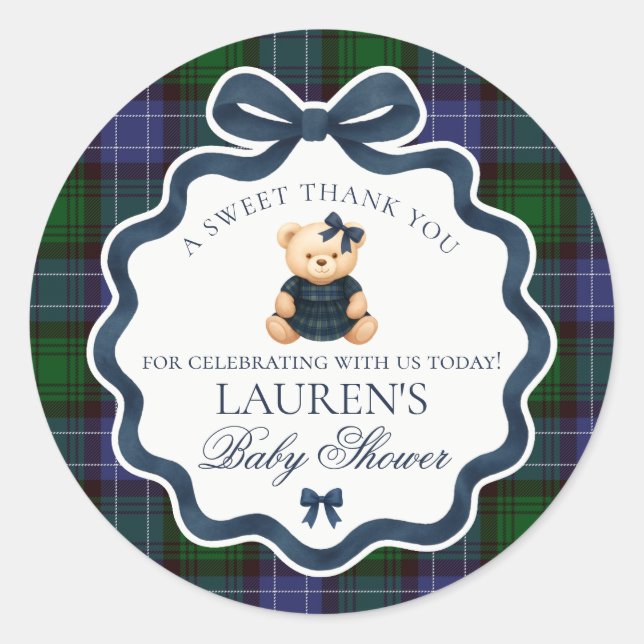 Adesivo Preppy Coquette Bow Bear Tartan Baby Shower Favor (Frente)