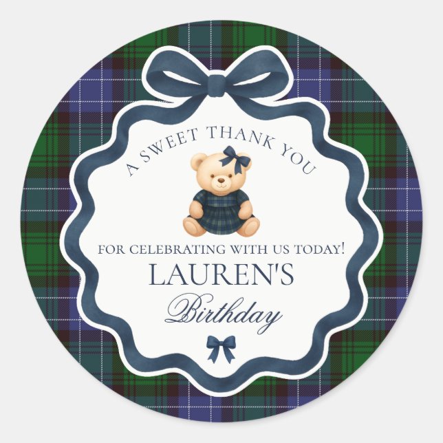 Adesivo Preppy Coquette Bow Bear Tartan Birthday Favor (Frente)