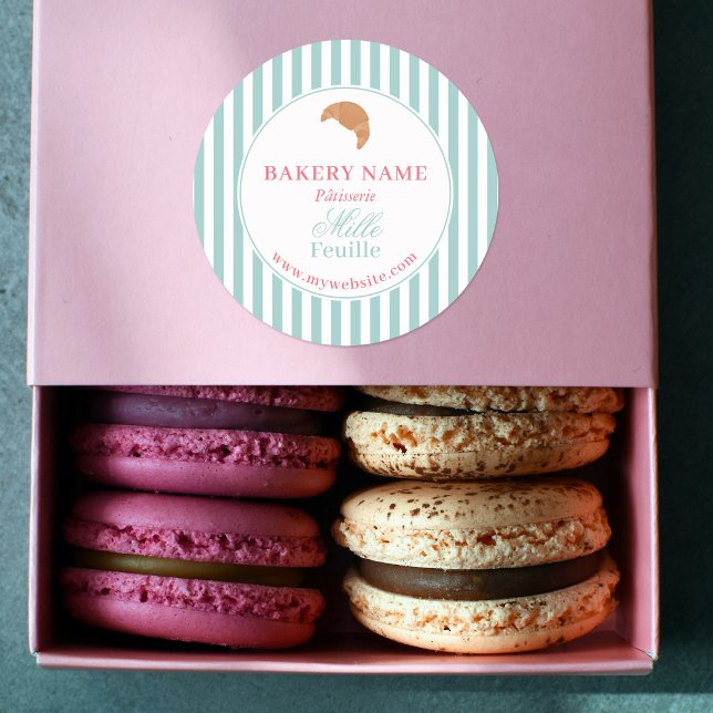 Adesivo Preppy Green & Pink Stripes Bakery Logo Product (Preppy Green & Pink Stripes Bakery Logo Product Classic Round Sticker)
