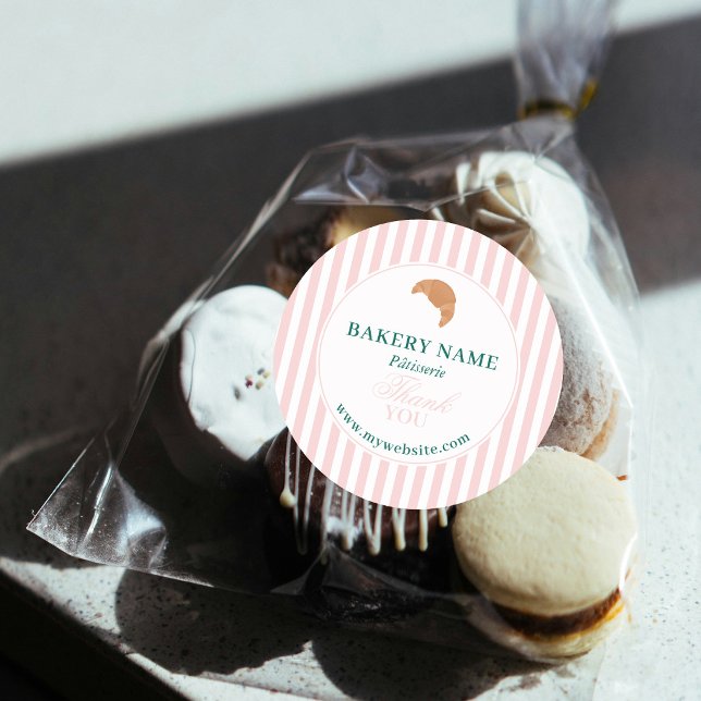 Adesivo Preppy Green & Pink Stripes Bakery Logo Thank You (Preppy Green & Pink Stripes Bakery Logo Thank You Classic Round Sticker)
