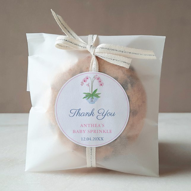 Adesivo Preppy Pink E Blue Orchid Favor De Chá de fraldas (Elegant pink watercolor orchid in ginger jar thank you favor sticker design)