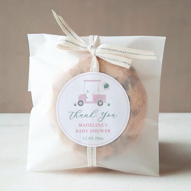 Adesivo Preppy Pink Green Golf Cart Baby Girl Favor do Chá (Preppy pink and green watercolor golf cart baby shower favor thank you sticker)