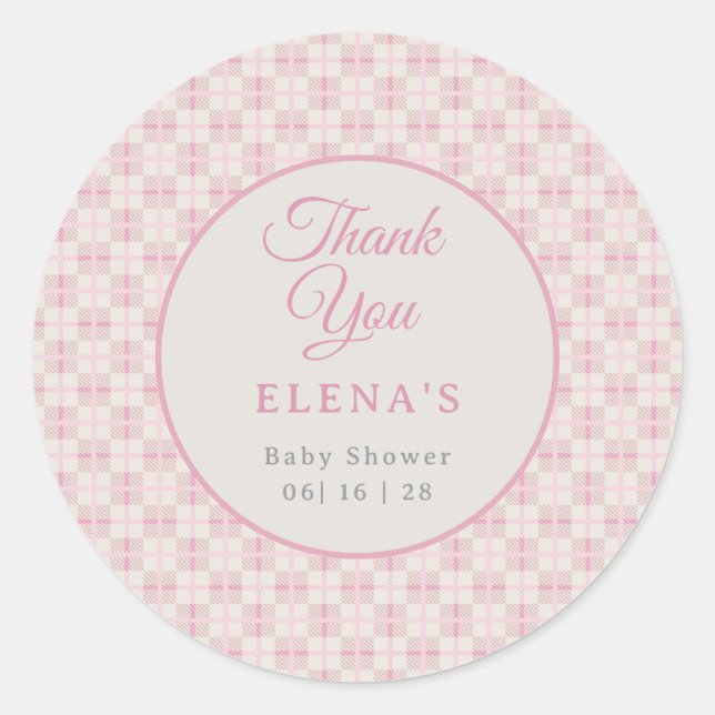 Adesivo Preppy Pink Plaid Baby Shower  (Frente)