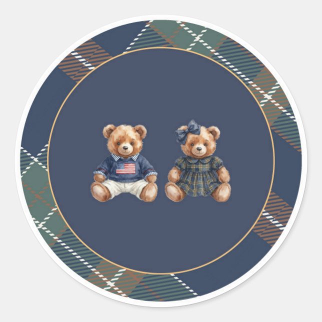 Adesivo Preppy Teddy Bear Sticker Navy Plaid  (Frente)
