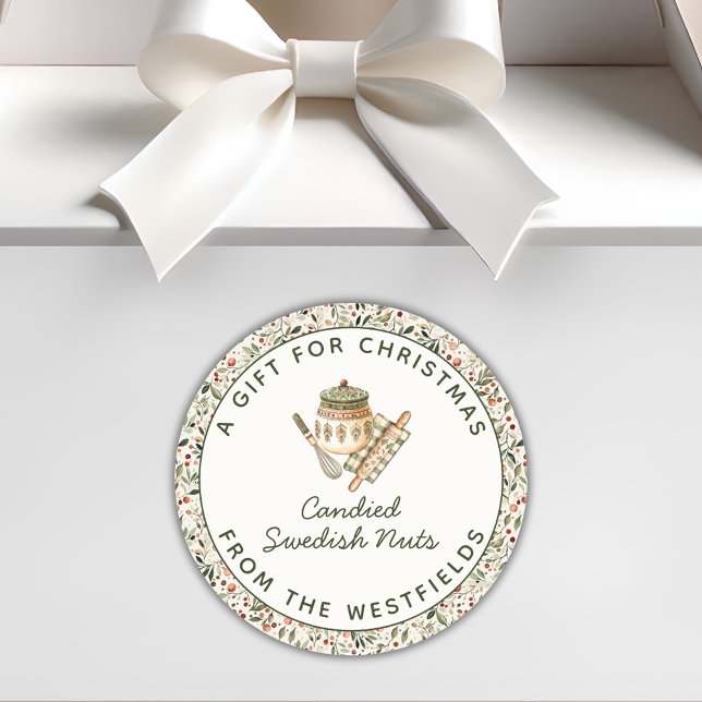 Adesivo Presente de Comida de Berries Vermelhos de Natal (Festive Christmas Greenery Red Berries Food Gift Label Round Sticker)