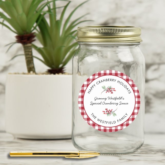 Adesivo Presente de Comida de verificação de férias felize (Happy Cranberry Holidays Burgundy Buffalo Plaid Check Food Gift Label Classic Round Sticker)