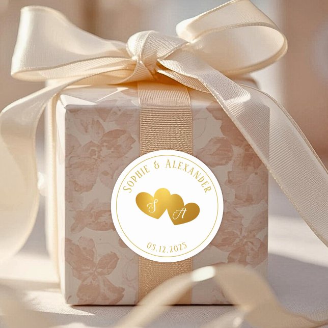 Adesivo Presente de Favor de Casamento com Monograma Branc (Luxurious Gold White Monogram Wedding Favor Gift Classic Round Sticker)