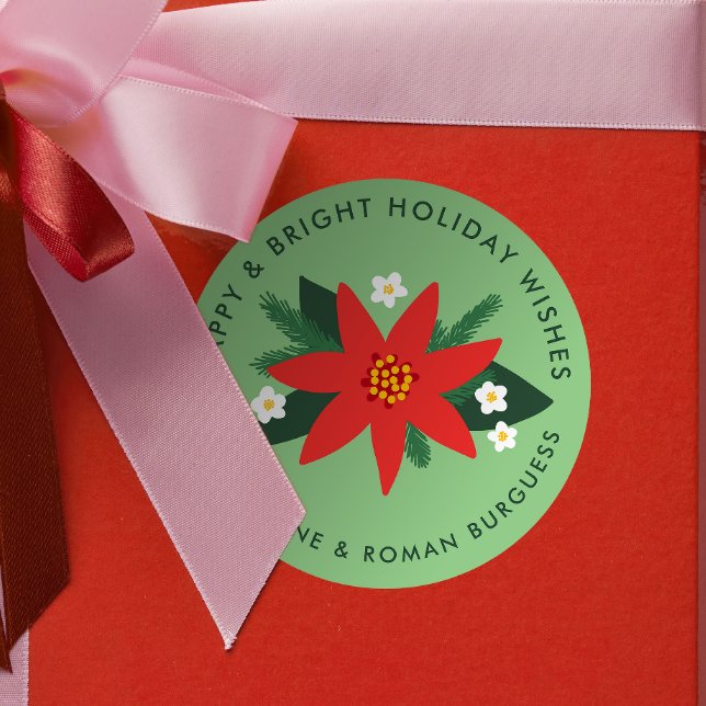 Adesivo Presente de Natal Clássico de Poinsettia Verde (mint green modern poinsettia custom text  Christmas gift sticker)