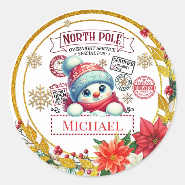 Adesivo Presente de Natal de Boneco de Neve do Polo Norte  (Frente)