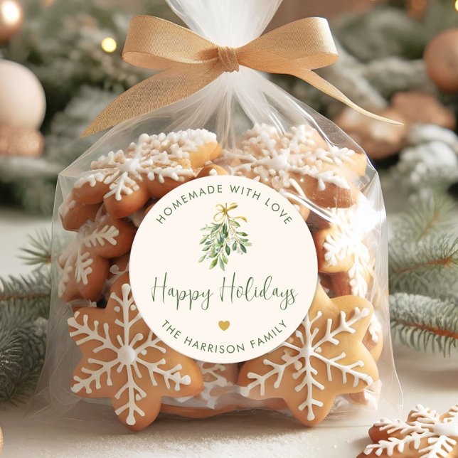 Adesivo Presente de Natal Feito Com Amor (Homemade With Love Holiday Christmas Gift Classic Round Sticker)