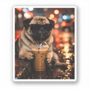 Adesivo Presente Engraçado para Amante de Pug Bebendo Café