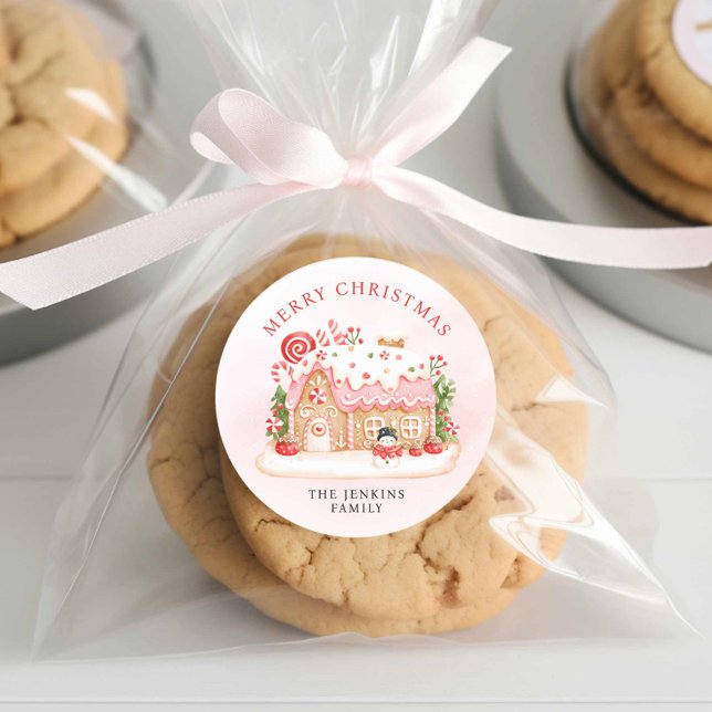 Adesivo Presente na Casa de Pão de Natal (Merry Christmas Gingerbread Personalized Round Stickers)