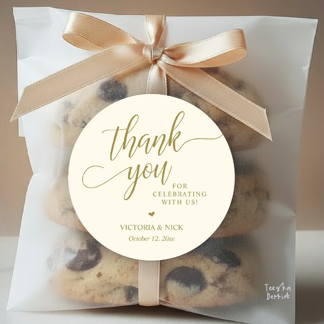 Adesivo Presentes de Jantar de Casamento Moderno e Sofisti (Modern Classy Wedding Dinner Favor Gifts Thank You Classic Round Sticker in Gold and Yellow Cream)