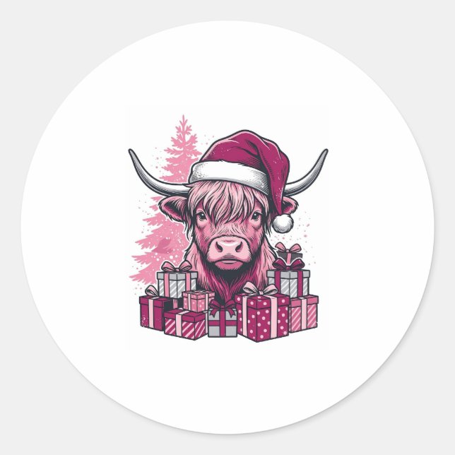 Adesivo Presentes de Natal da Vaca de Terras Altas Rosa Ar (Frente)