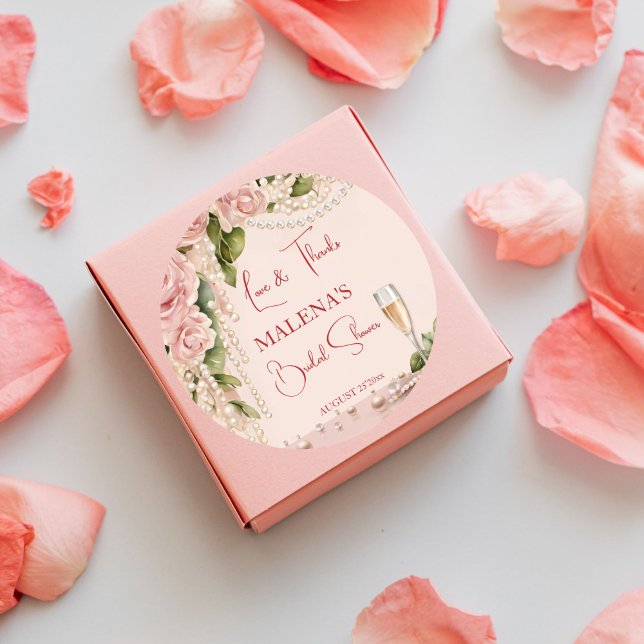 Adesivo Presentes elegantes para chá de noiva com pérolas  (Pearls and prosecco bridal shower elegant thank you favor stickers blush pink coral roses and pearls)