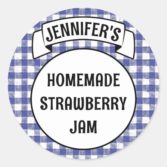 Adesivo Preserva Jam Jelly Jar Blue Xadrez Gingham Label (Frente)