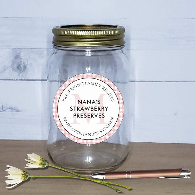 Adesivo Preservação de receitas familiares Monograma de Gi (Red Checkered Gingham Preserving Family Recipes Monogram Canning Jar Label)