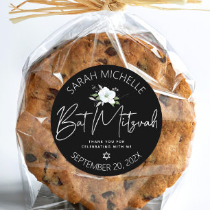 Adesivo Preto Bat Mitzvah Silver Script Floral Watercolor