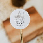 Adesivo Preto e Branco | Casamento de Ilustração Italiana<br><div class="desc">Estes adesivos simples e elegantes,  pretos e brancos de favor de casamento apresentam o estilo clássico do mundo antigo com uma ilustração feita à mão de um edifício renascentista italiano. Ponha o tom para o seu luxo e sofisticado casamento italiano inspirado nesta antiga design minimalista.</div>