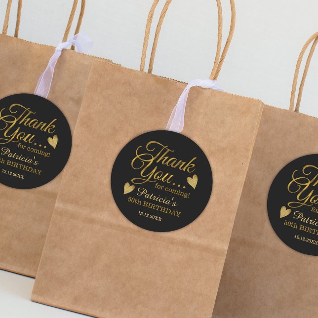 Adesivo Preto e Dourado 50º Aniversário Obrigado (Black And Gold 50th Birthday Thank You Classic Round Sticker Party favor stickers)