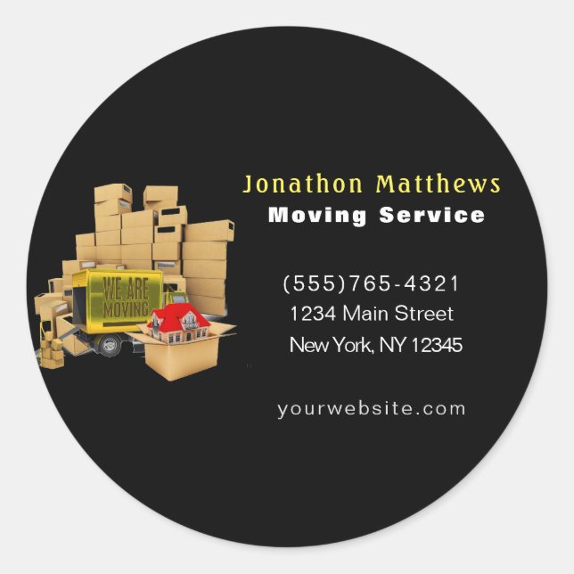 Adesivo Preto Estamos Movendo Caixas Embalando Serviço da  (Frente)