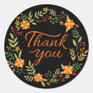 Adesivo Preto Floral Obrigado Flores Laranja E Verde