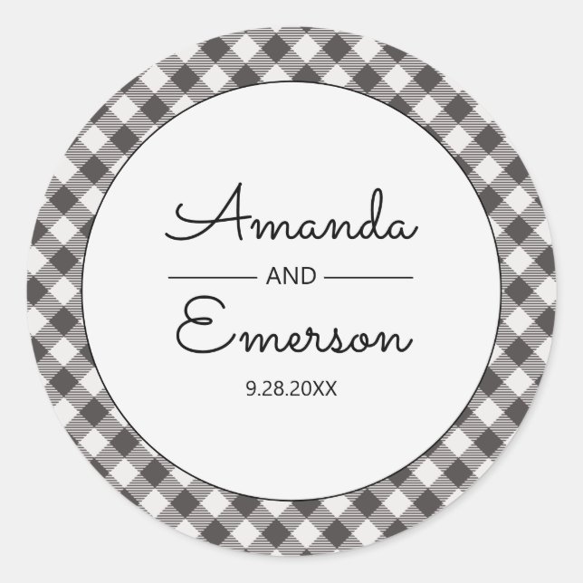 Adesivo Preto Gingham Verificar Favor Casual de Casamento (Frente)