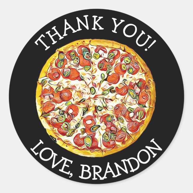 Adesivo Preto Personalizado Obrigado Pizza Party Stickers (Frente)
