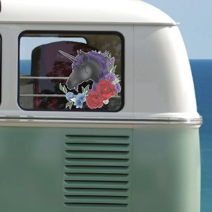 Adesivo Preto Unicórnio Flores Roxo