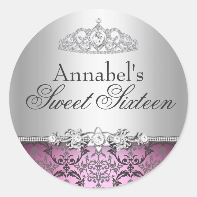 Adesivo Pretty Pink & Silver Damask Sweet 16 (Frente)
