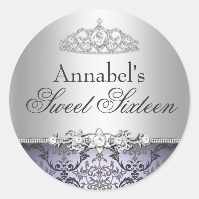 Adesivo Pretty Purple & Silver Damask Sweet 16 (Frente)