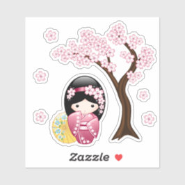 Adesivo Primavera Kokeshi Doll - Rapariga Rosa Kimono Geis