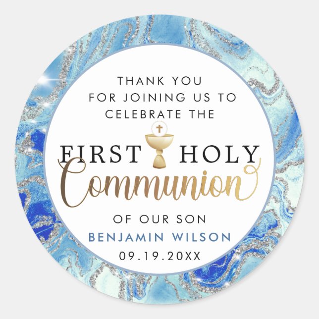 Adesivo Primeira Comunhão Dourada e Azul - Obrigado Classe (Frente)