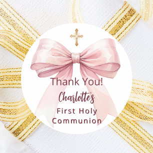 Adesivo Primeira Comunhão laço rosa menina cruz obrigado