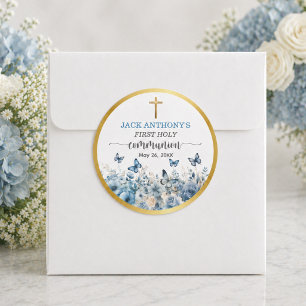 Adesivo Primeira Comunhão Menino Cruz Dourada Floral Azul
