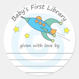 Adesivo primeira livraria de um bebê foguete espacial