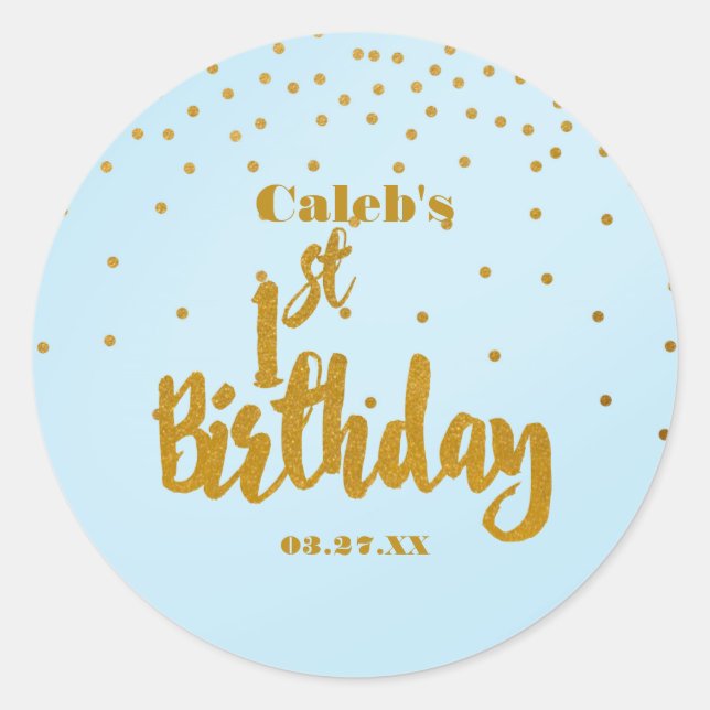 Adesivo primeiro aniversario Blue & Gold Foil Confetti Dot (Frente)